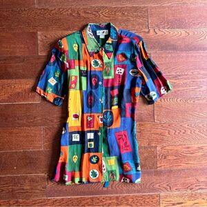 Vtg 80s Button Front Mini Dress Sz M Colorful Patchwork Print Short Sleeve Retro